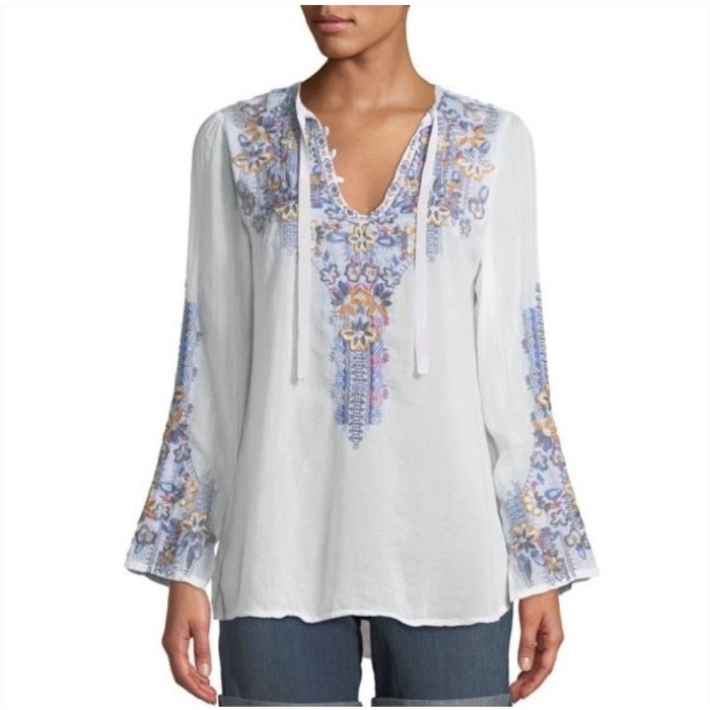 Johnny Was Tanya Embroidered Blouse Boho Long Sleeve Sheer Crinkled Georgette S